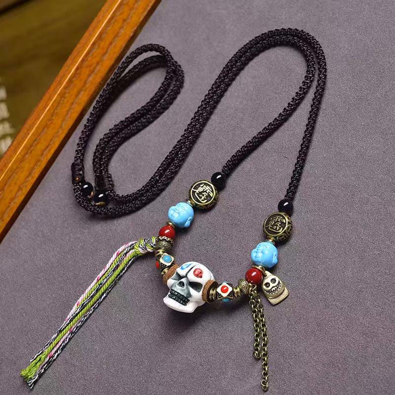 Collier pendentif tête de mort tibétain en Buddha Stones, le Seigneur de la forêt des cadavres, éloigne les mauvais esprits - Crâne blanc - image 4