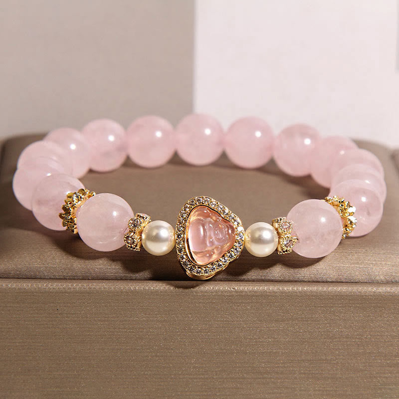 Bracelet de chaleur en perles de cristal rose avec symbole de Bouddha naturel et Buddha Stones - Cristal rose (Tour de poignet : 15-17 cm) - image 0