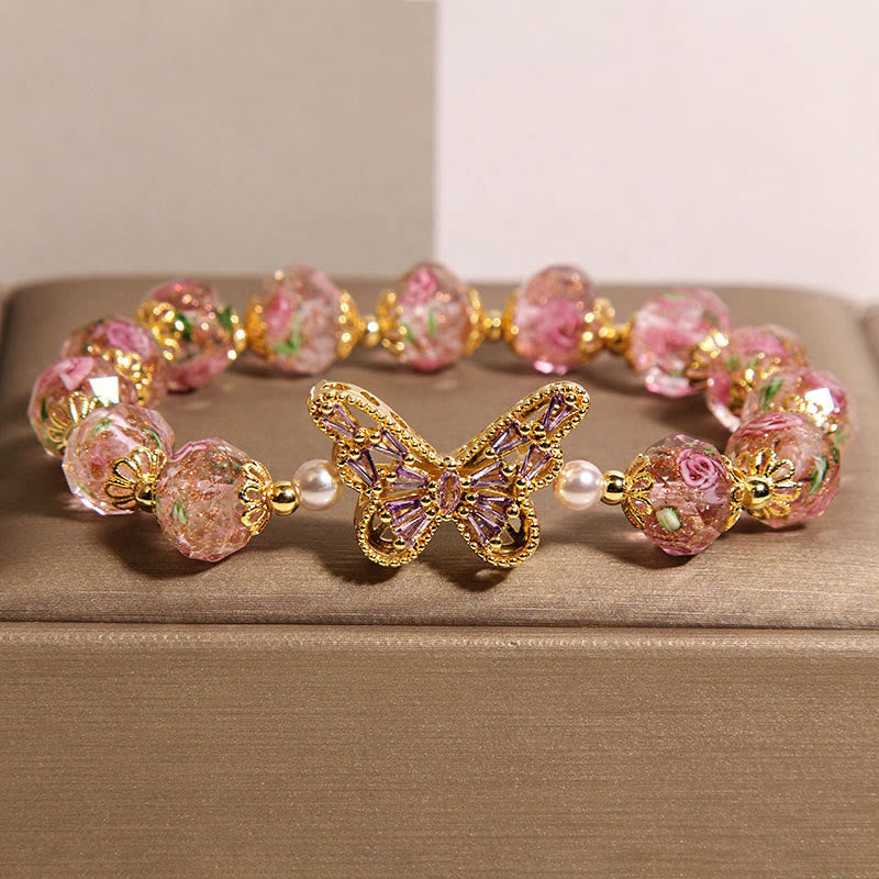 Bracelet Buddha Stones naturel papillon rose cristal rose chaud - Cristal rose (Tour de poignet : 15-17 cm) - image 0