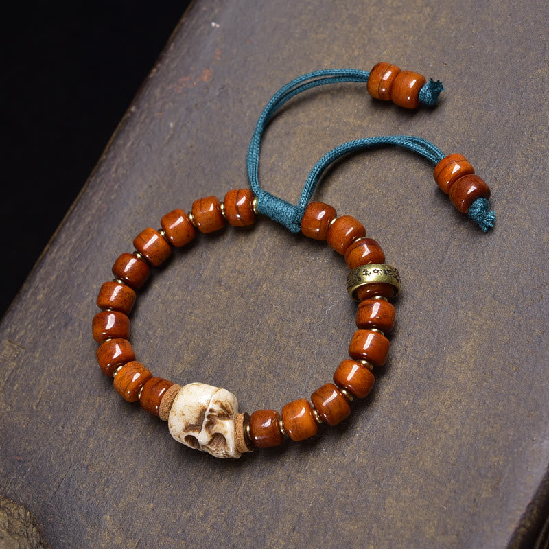 Bracelet du bonheur en perles d'os tibétaines en Buddha Stones et coquille de noix de coco, Seigneur de la forêt des cadavres - Perles en os Crâne (circonférence du poignet : 16-17 cm) - image 1