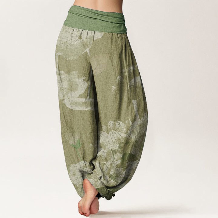 Pantalon sarouel femme taille élastique en pur coton rose et blanc motif lotus Buddha Stones - image 9