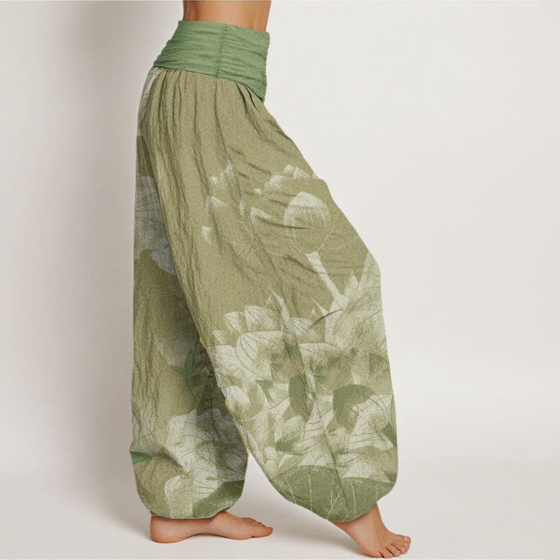 Pantalon sarouel femme taille élastique en pur coton rose et blanc motif lotus Buddha Stones - image 10