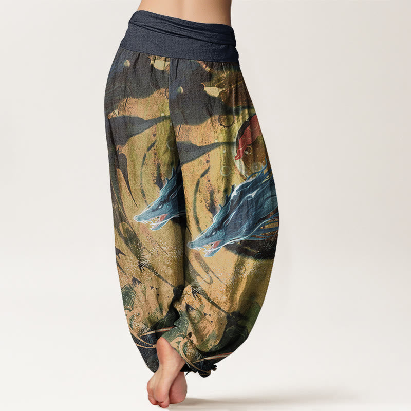 Pantalon sarouel à taille élastique pour femme, motif dragon et nuages ​​de bon augure, en pur coton, Buddha Stones - image 9
