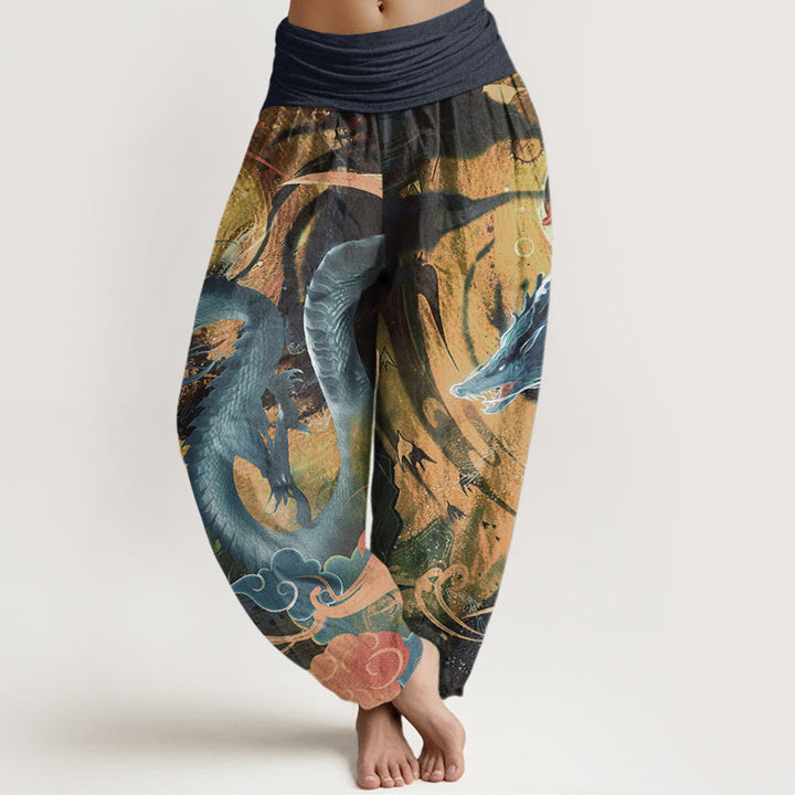 Pantalon sarouel à taille élastique pour femme, motif dragon et nuages ​​de bon augure, en pur coton, Buddha Stones - Bleu nuit - US22，UK/AU26，EU54 (6XL) - image 8