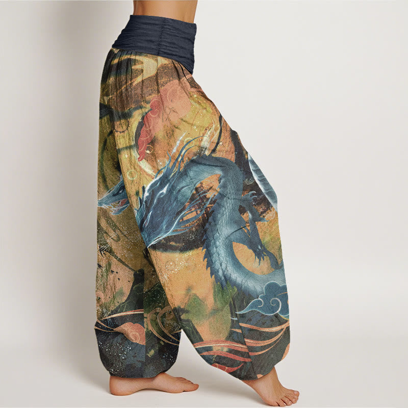 Pantalon sarouel à taille élastique pour femme, motif dragon et nuages ​​de bon augure, en pur coton, Buddha Stones - image 10
