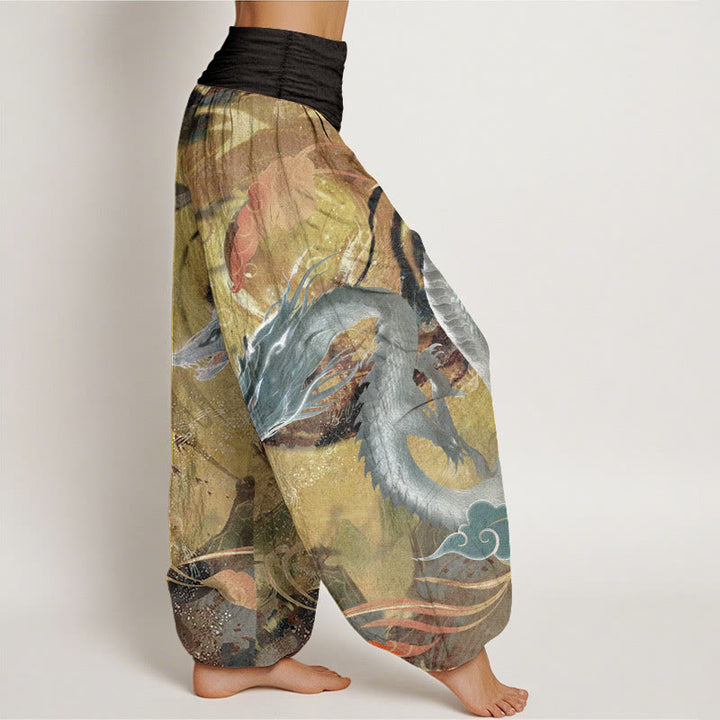 Pantalon sarouel à taille élastique pour femme, motif dragon et nuages ​​de bon augure, en pur coton, Buddha Stones - image 2