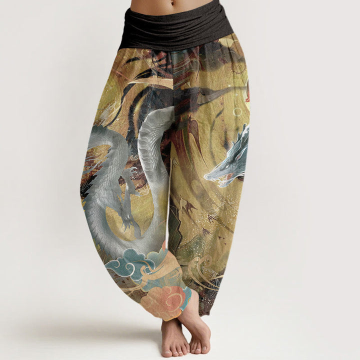 Pantalon sarouel à taille élastique pour femme, motif dragon et nuages ​​de bon augure, en pur coton, Buddha Stones - Jaune - US22，UK/AU26，EU54 (6XL) - image 0