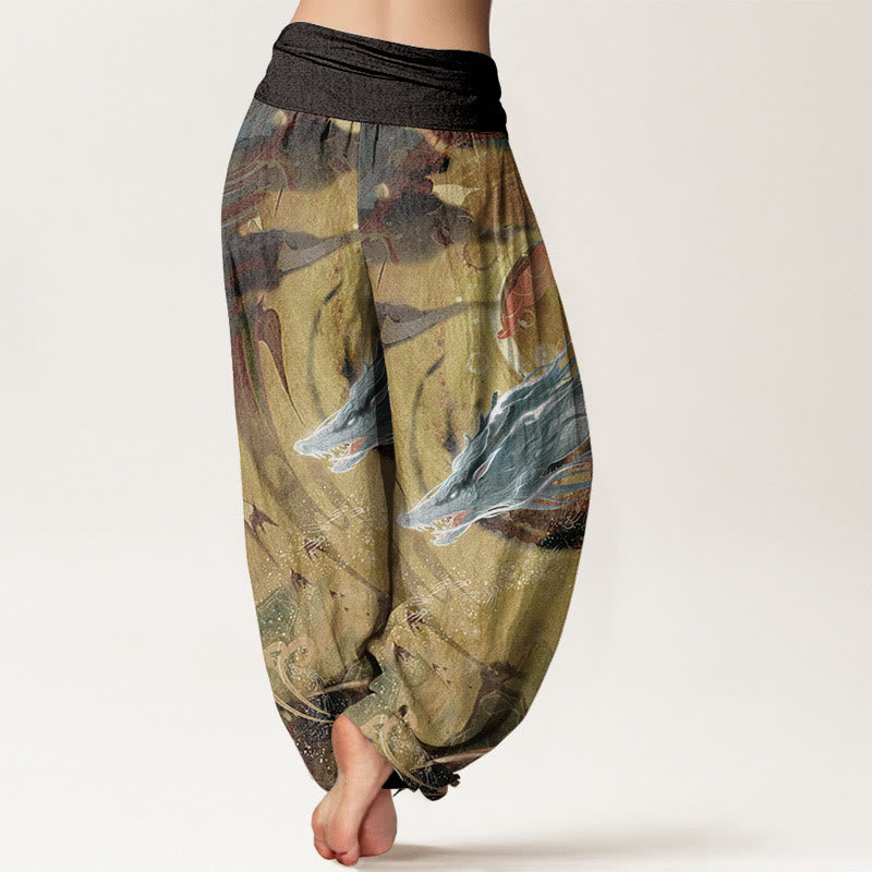 Pantalon sarouel à taille élastique pour femme, motif dragon et nuages ​​de bon augure, en pur coton, Buddha Stones - image 1