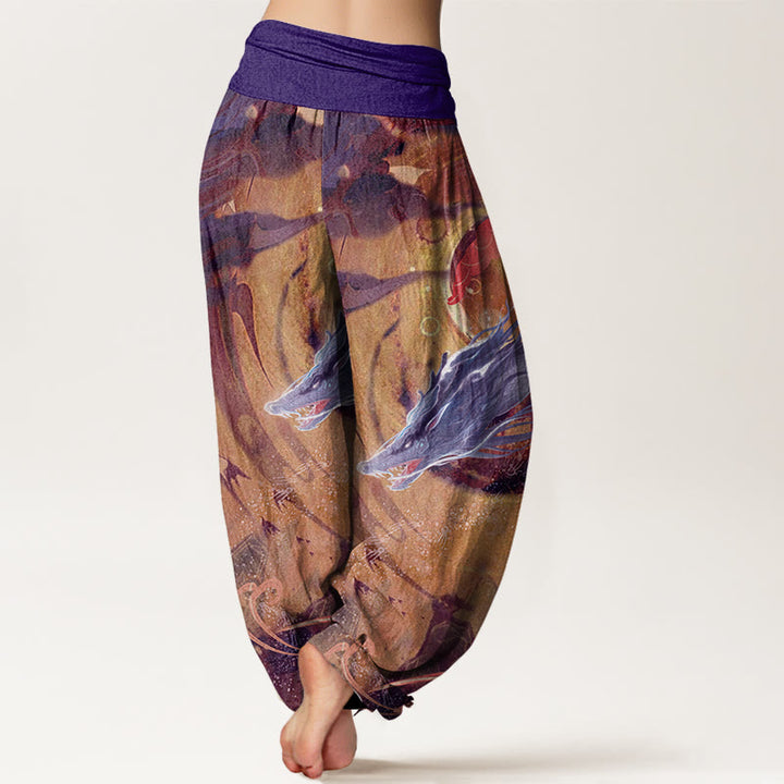 Pantalon sarouel à taille élastique pour femme, motif dragon et nuages ​​de bon augure, en pur coton, Buddha Stones - image 6