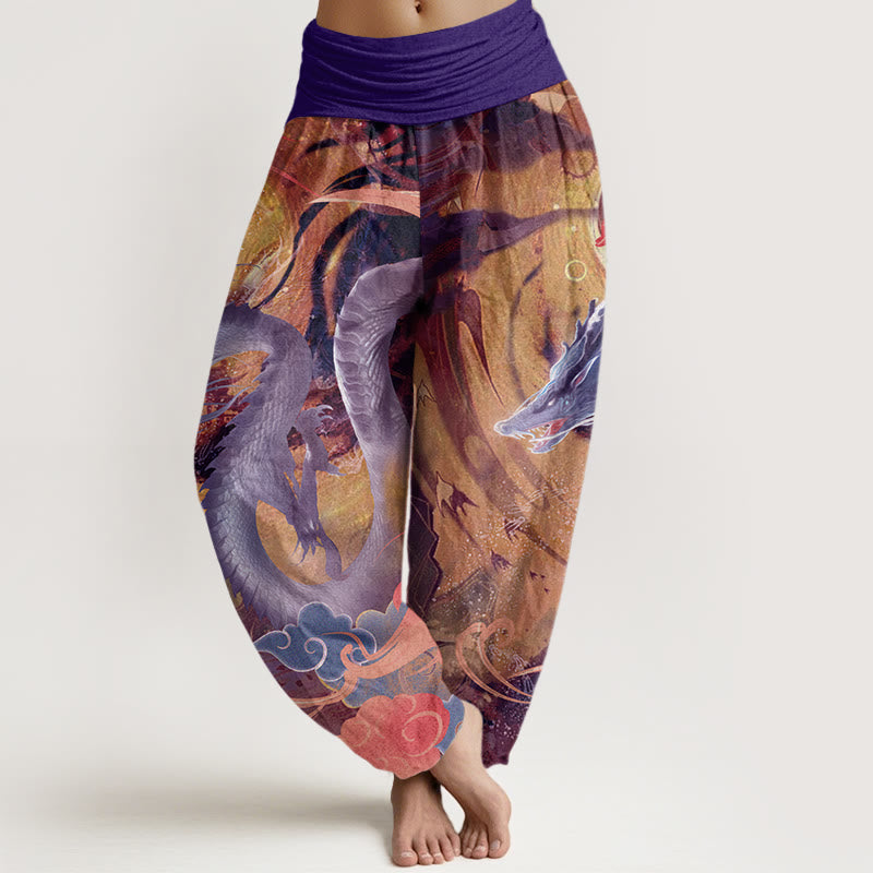 Pantalon sarouel à taille élastique pour femme, motif dragon et nuages ​​de bon augure, en pur coton, Buddha Stones - Violet - US22，UK/AU26，EU54 (6XL) - image 5