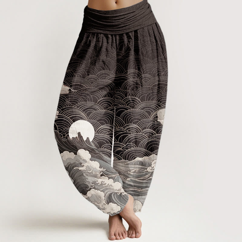 Pantalon Buddha Stones décontracté en pur coton avec motif de vagues, de lune et de montagne pour femme, taille élastique - Noir - US22，UK/AU26，EU54 (6XL) - image 0