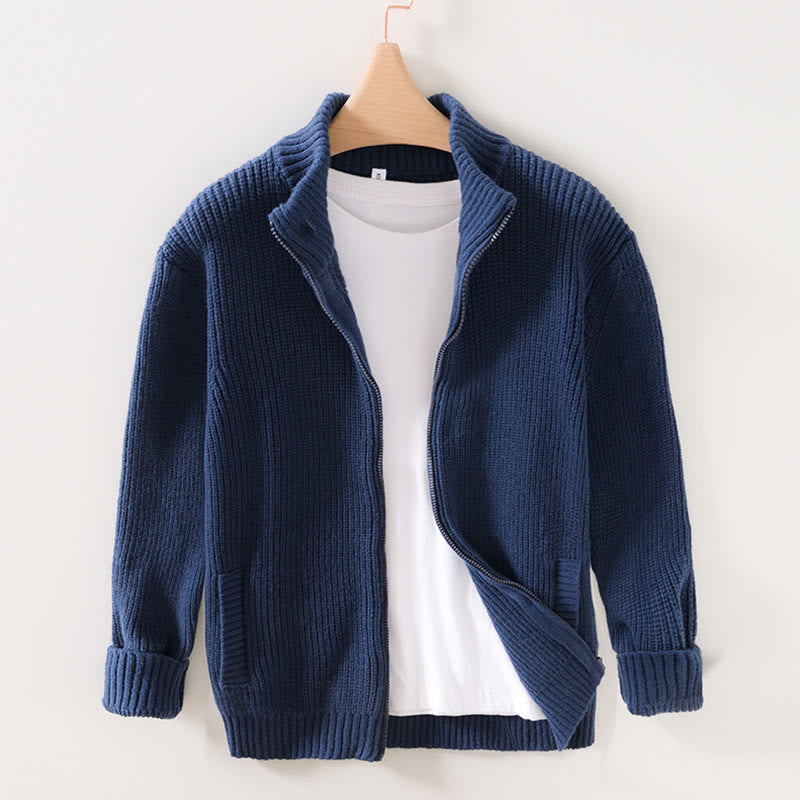 Buddha Stones Cardigan d'hiver en tricot à fermeture éclair de couleur unie pour homme, veste en coton à manches longues avec poches - Bleu foncé - US/UK/AU40，EU50 (2XL) - image 0
