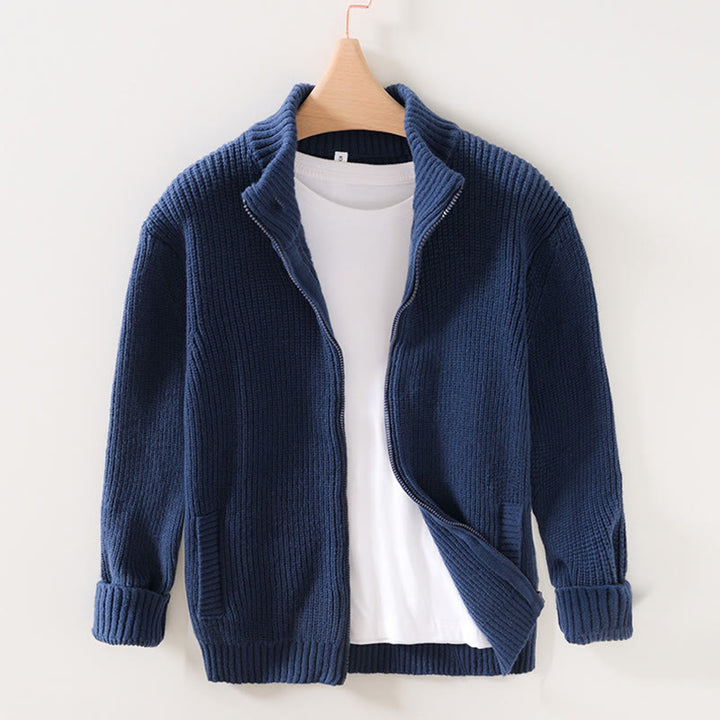 Buddha Stones Cardigan d'hiver en tricot à fermeture éclair de couleur unie pour homme, veste en coton à manches longues avec poches - Bleu foncé - US/UK/AU40，EU50 (2XL) - image 0
