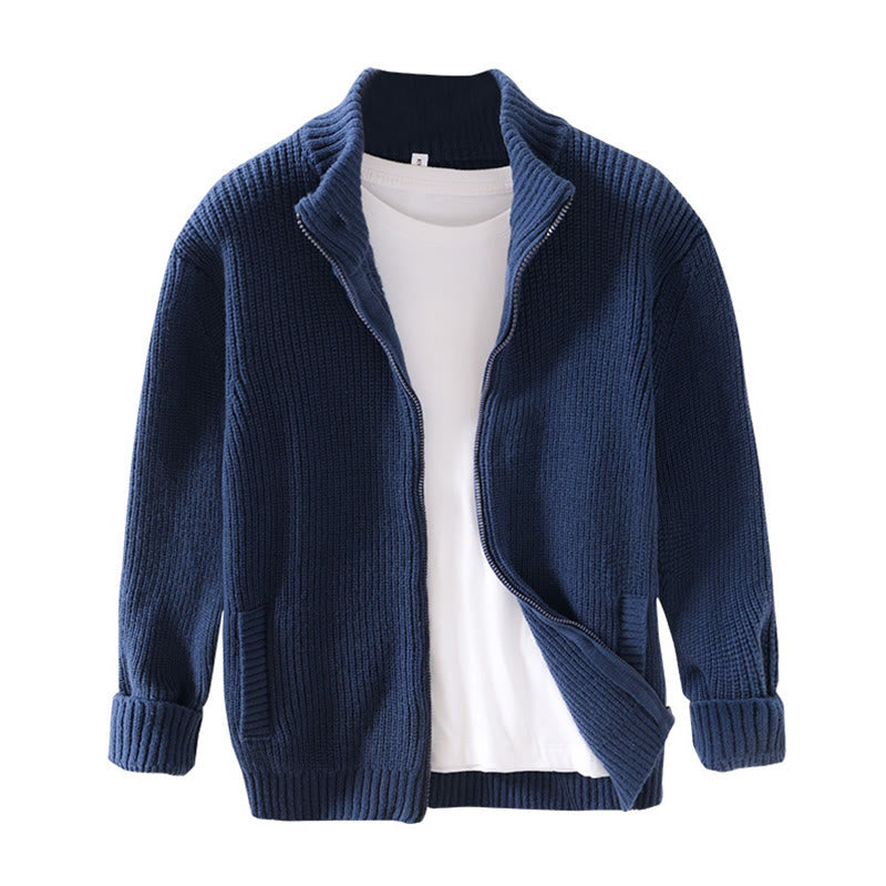 Buddha Stones Cardigan d'hiver en tricot à fermeture éclair de couleur unie pour homme, veste en coton à manches longues avec poches - image 5