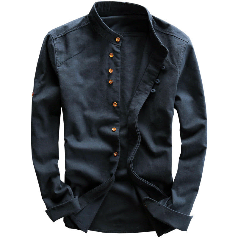 Chemise en coton et lin à manches longues, coupe ajustée, col montant et col rond, motif Buddha Stones pour homme - image 2