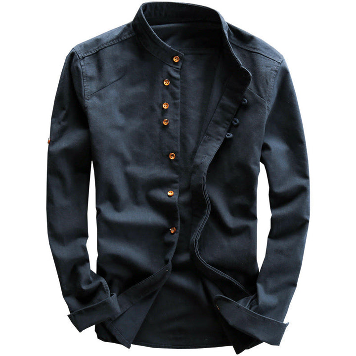Chemise en coton et lin à manches longues, coupe ajustée, col montant et col rond, motif Buddha Stones pour homme - image 2