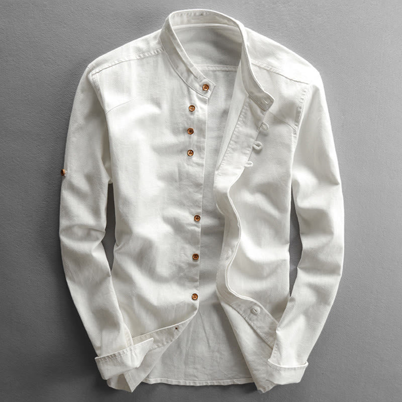 Chemise en coton et lin à manches longues, coupe ajustée, col montant et col rond, motif Buddha Stones pour homme - Blanc - US/UK/AU48，EU58 (7XL) - image 3