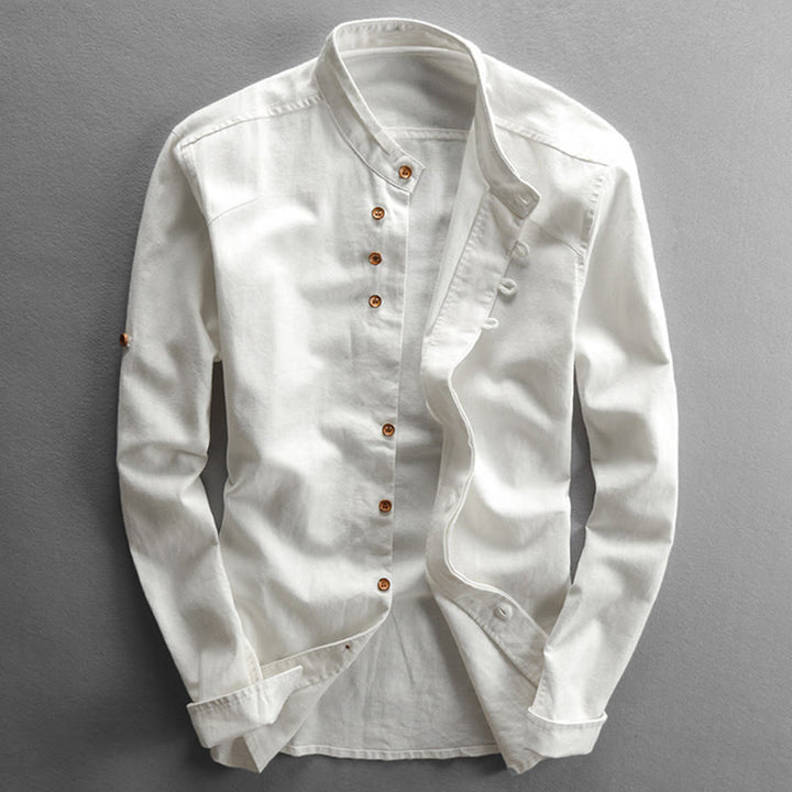 Chemise en coton et lin à manches longues, coupe ajustée, col montant et col rond, motif Buddha Stones pour homme - Blanc - US/UK/AU48，EU58 (7XL) - image 3
