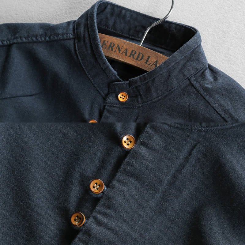 Chemise homme coupe slim col montant ras du cou manches longues coton lin Buddha Stones - image 1