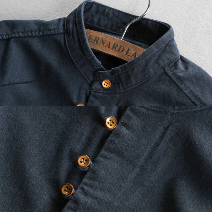 Chemise homme coupe slim col montant ras du cou manches longues coton lin Buddha Stones - image 1