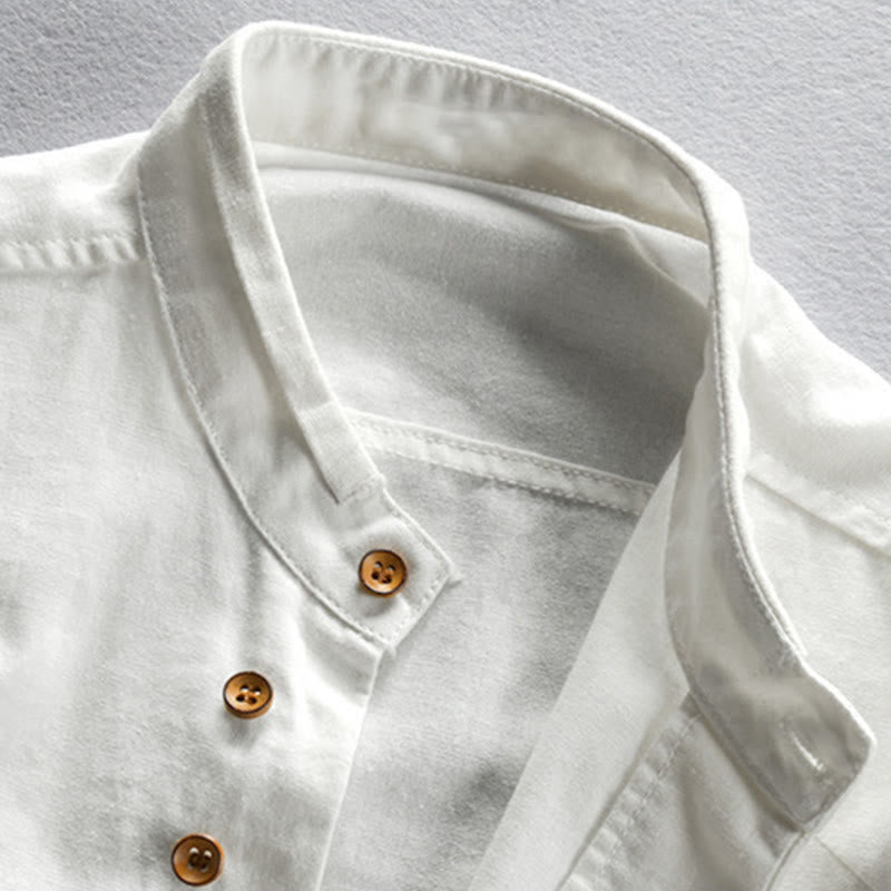 Chemise en coton et lin à manches longues, coupe ajustée, col montant et col rond, motif Buddha Stones pour homme - image 4
