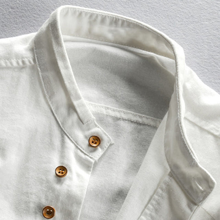 Chemise en coton et lin à manches longues, coupe ajustée, col montant et col rond, motif Buddha Stones pour homme - image 4