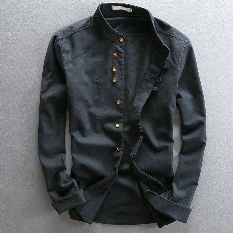 Chemise en coton et lin à manches longues, coupe ajustée, col montant et col rond, motif Buddha Stones pour homme - Bleu nuit - US/UK/AU48，EU58 (7XL) - image 0