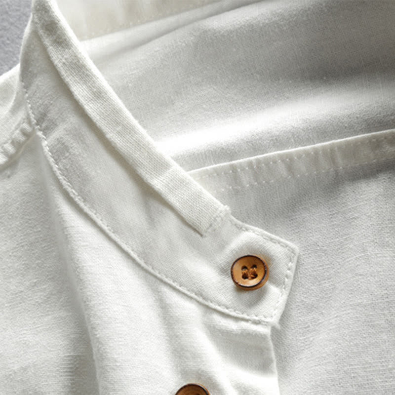 Chemise en coton et lin à manches longues, coupe ajustée, col montant et col rond, motif Buddha Stones pour homme - image 6