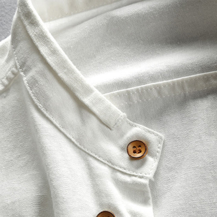 Chemise en coton et lin à manches longues, coupe ajustée, col montant et col rond, motif Buddha Stones pour homme - image 6