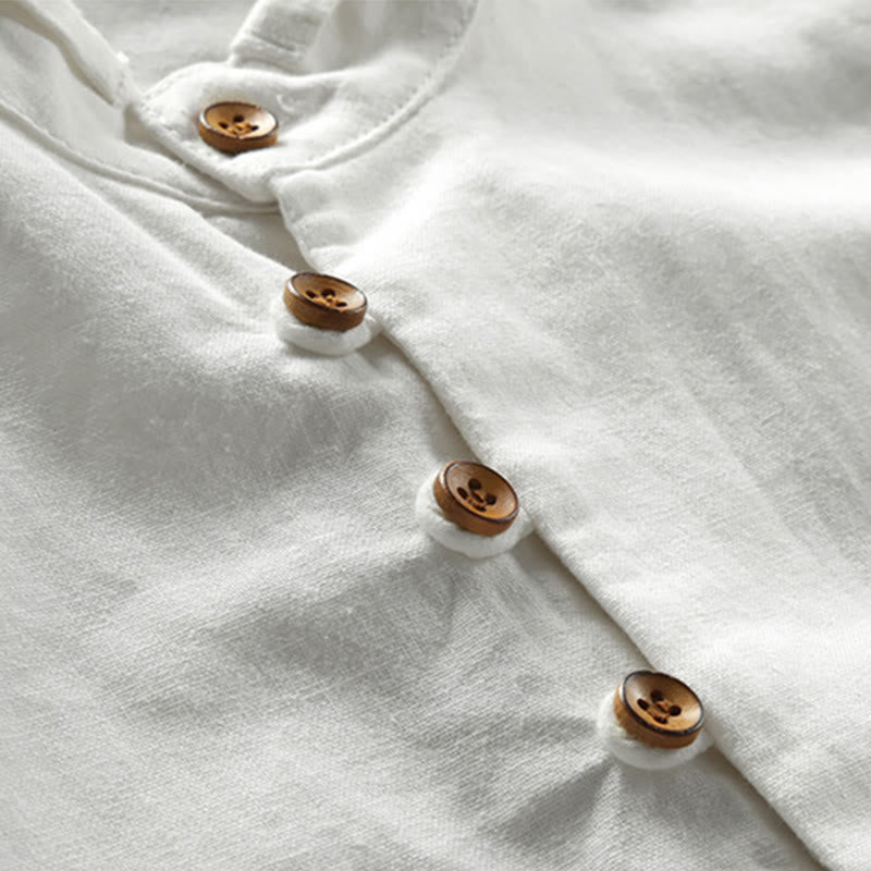 Chemise en coton et lin à manches longues, coupe ajustée, col montant et col rond, motif Buddha Stones pour homme - image 5