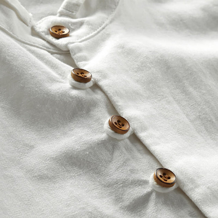 Chemise en coton et lin à manches longues, coupe ajustée, col montant et col rond, motif Buddha Stones pour homme - image 5