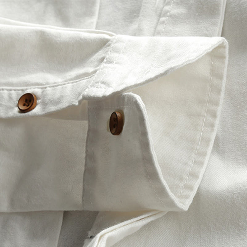 Chemise en coton et lin à manches longues, coupe ajustée, col montant et col rond, motif Buddha Stones pour homme - image 9