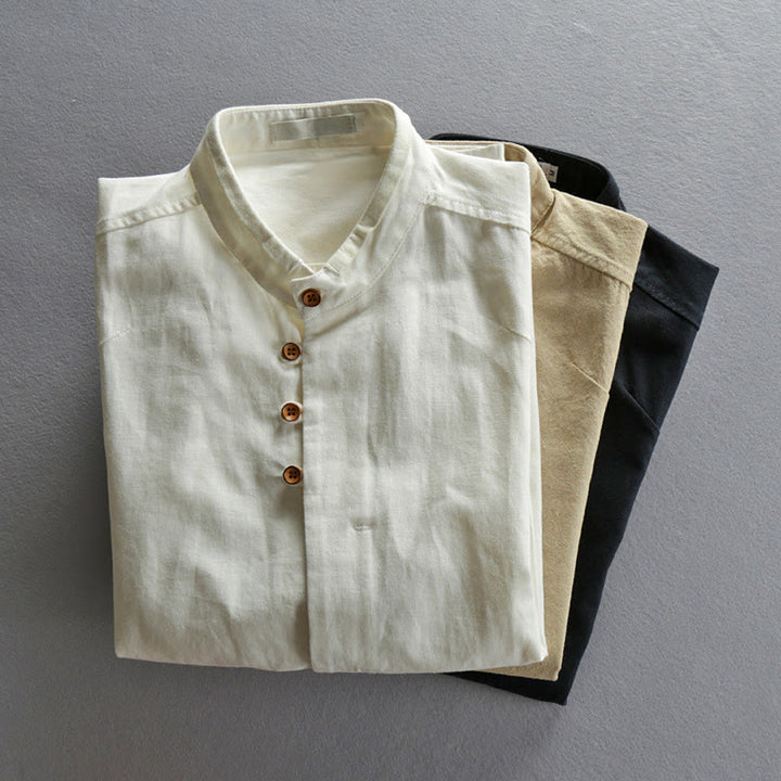 Chemise en coton et lin à manches longues, coupe ajustée, col montant et col rond, motif Buddha Stones pour homme - image 13