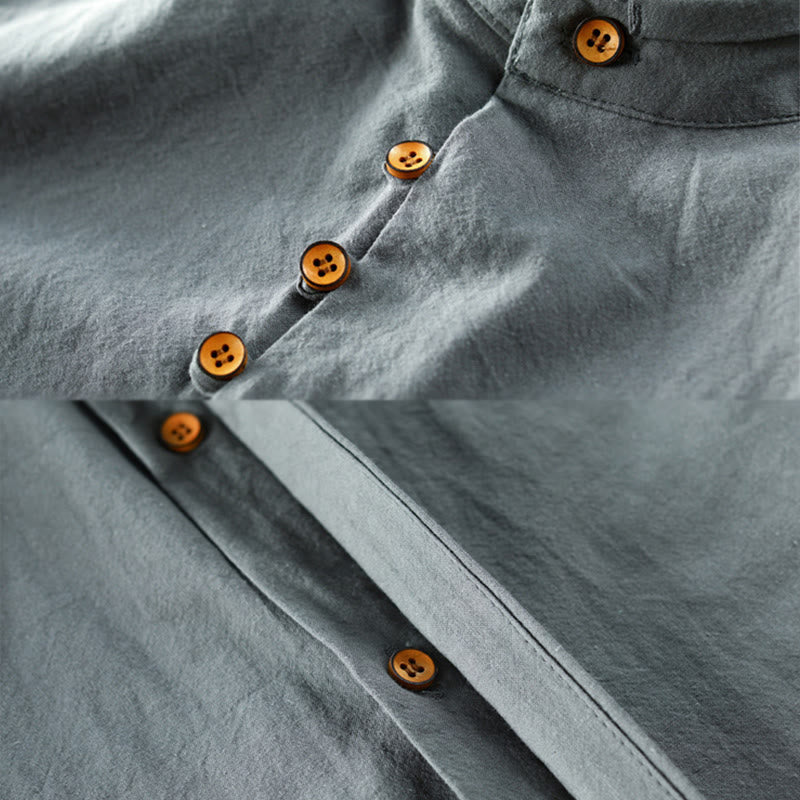 Chemise en coton et lin à manches longues, coupe ajustée, col montant et col rond, motif Buddha Stones pour homme - image 11