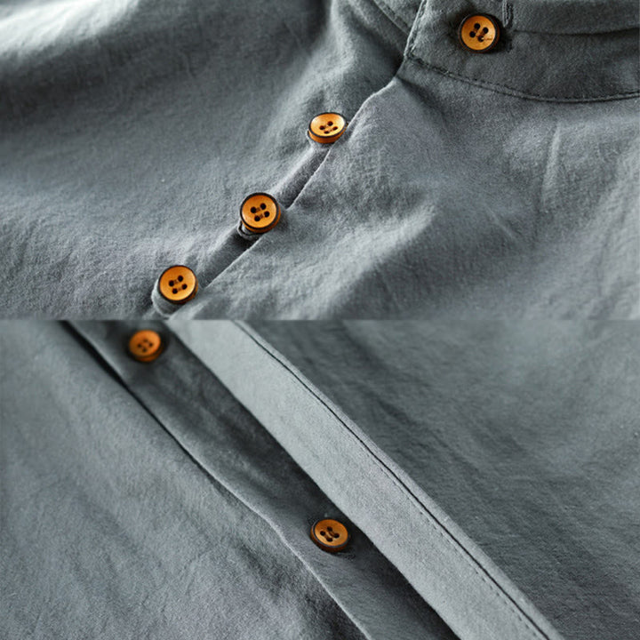 Chemise en coton et lin à manches longues, coupe ajustée, col montant et col rond, motif Buddha Stones pour homme - image 11