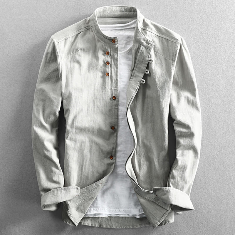 Chemise en coton et lin à manches longues, coupe ajustée, col montant et col rond, motif Buddha Stones pour homme - WhiteSmoke - US/UK/AU48，EU58 (7XL) - image 12