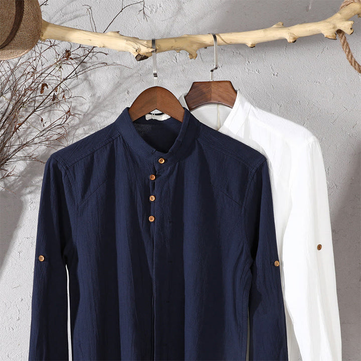 Chemise homme coupe slim col montant ras du cou manches longues coton lin Buddha Stones - image 14