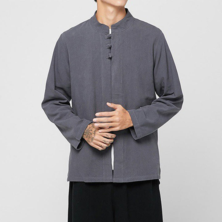 Chemise de costume Tang chinoise à manches longues en coton pour homme, avec boutons en forme de grenouille et fente latérale, motif Buddha Stones - image 3