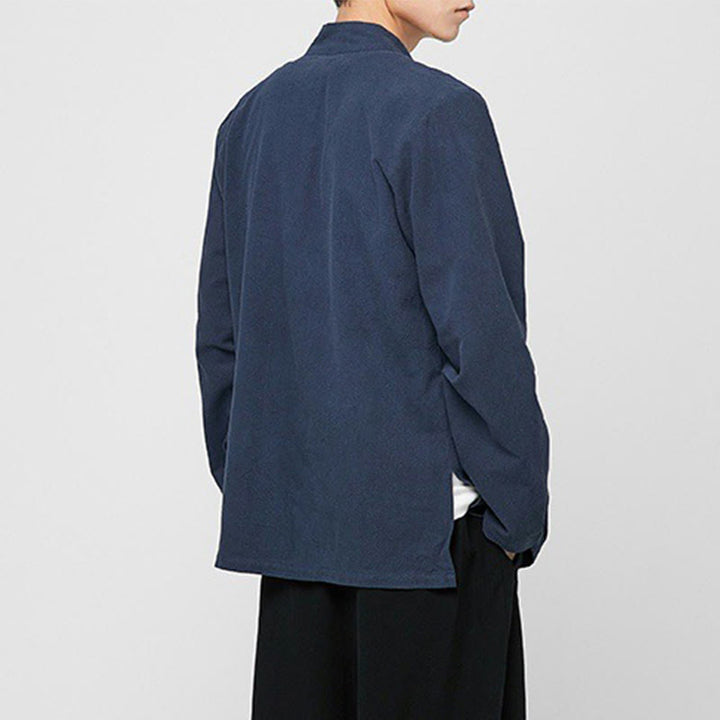 Chemise de costume Tang chinoise à manches longues en coton pour homme, avec boutons en forme de grenouille et fente latérale, motif Buddha Stones - image 18