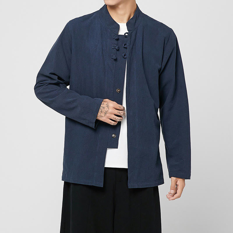 Chemise de costume Tang chinoise à manches longues en coton pour homme, avec boutons en forme de grenouille et fente latérale, motif Buddha Stones - Bleu foncé - US/UK/AU46，EU56 (5XL) - image 12