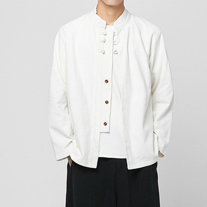 Chemise de costume Tang chinoise à manches longues en coton pour homme, avec boutons en forme de grenouille et fente latérale, motif Buddha Stones - image 24
