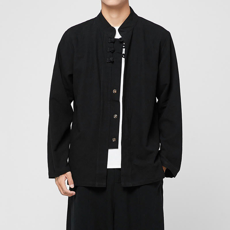 Chemise de costume Tang chinoise à manches longues en coton pour homme, avec boutons en forme de grenouille et fente latérale, motif Buddha Stones - Noir - US/UK/AU46，EU56 (5XL) - image 7