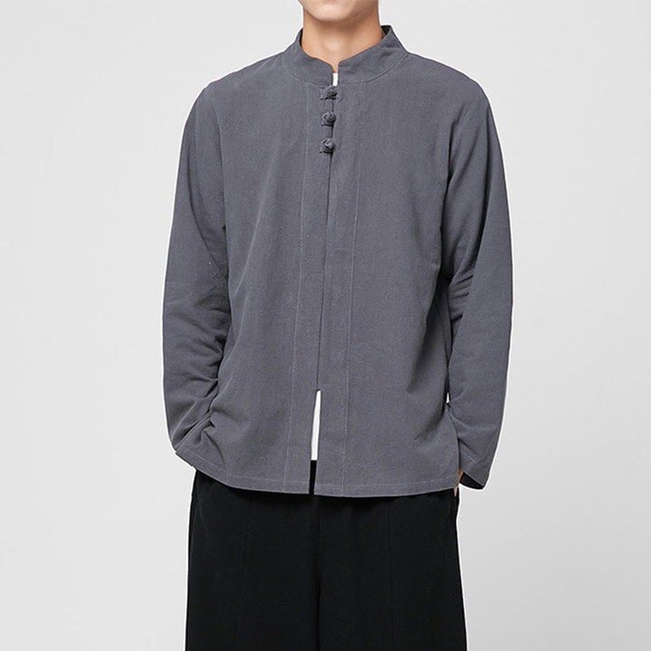 Chemise de costume Tang chinoise à manches longues en coton pour homme, avec boutons en forme de grenouille et fente latérale, motif Buddha Stones - image 1