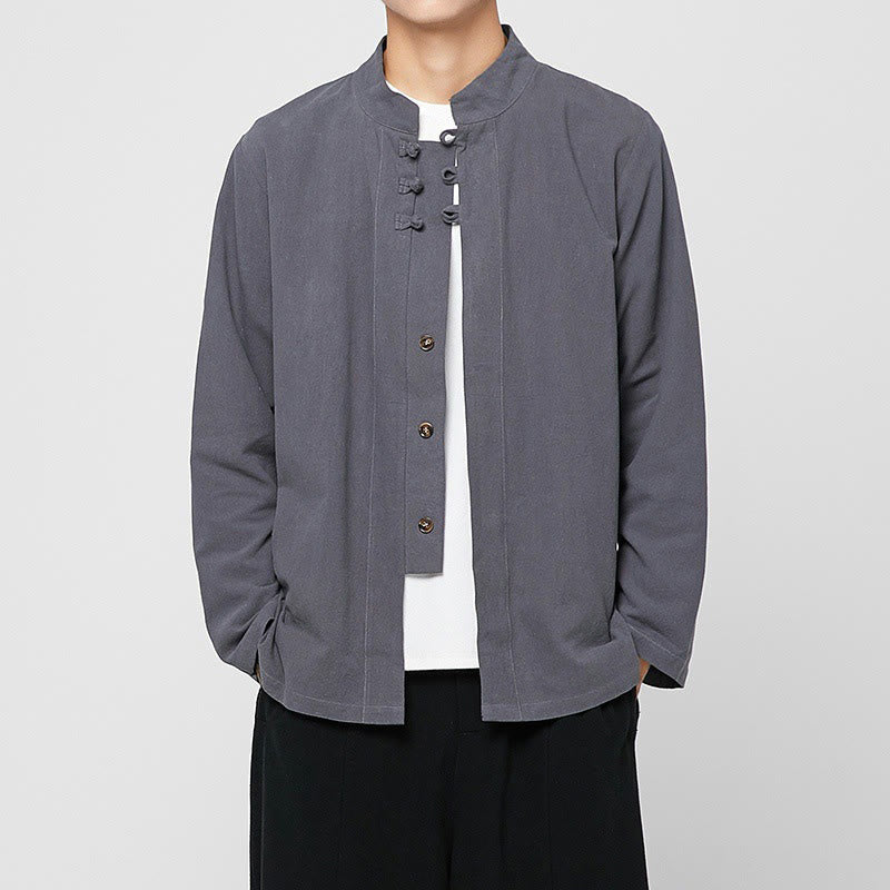 Chemise de costume Tang chinoise à manches longues en coton pour homme, avec boutons en forme de grenouille et fente latérale, motif Buddha Stones - Gris ardoise clair - US/UK/AU46，EU56 (5XL) - image 0