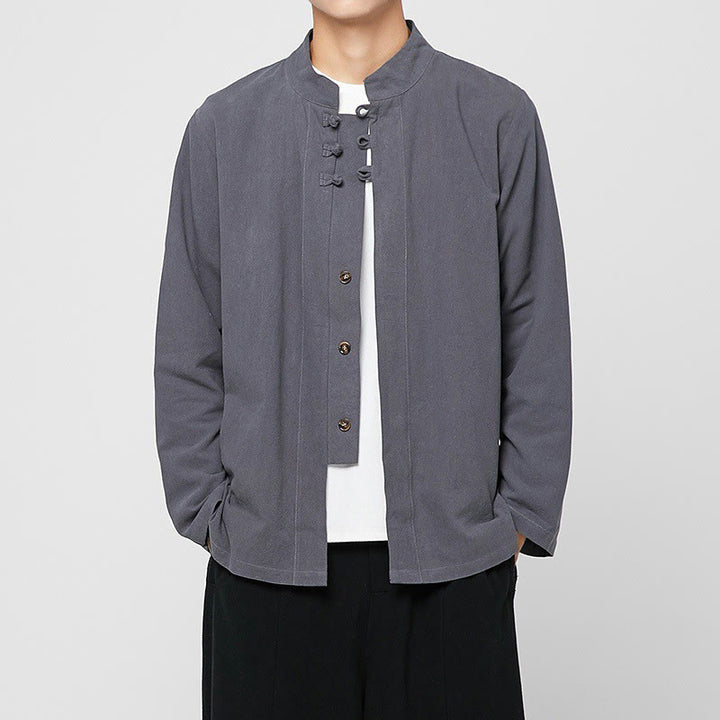 Chemise de costume Tang chinoise à manches longues en coton pour homme, avec boutons en forme de grenouille et fente latérale, motif Buddha Stones - Gris ardoise clair - US/UK/AU46，EU56 (5XL) - image 0