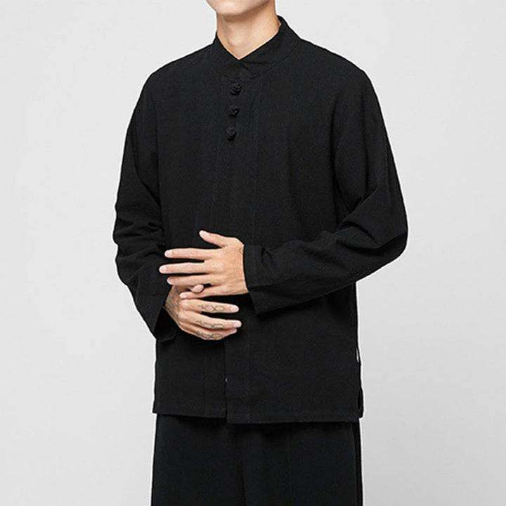 Chemise de costume Tang chinoise à manches longues en coton pour homme, avec boutons en forme de grenouille et fente latérale, motif Buddha Stones - image 10