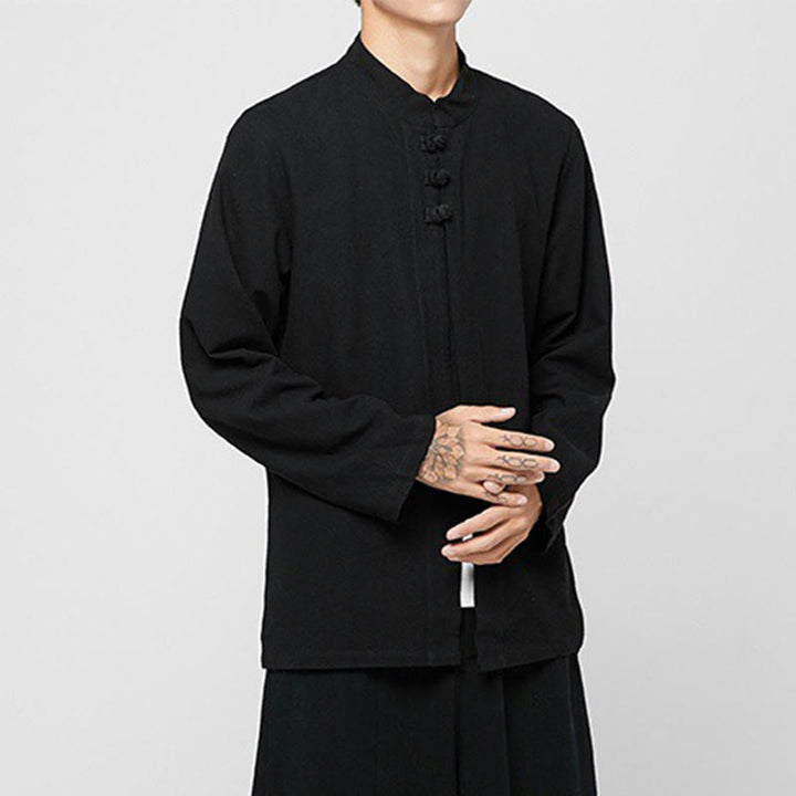 Chemise de costume Tang chinoise à manches longues en coton pour homme, avec boutons en forme de grenouille et fente latérale, motif Buddha Stones - image 11