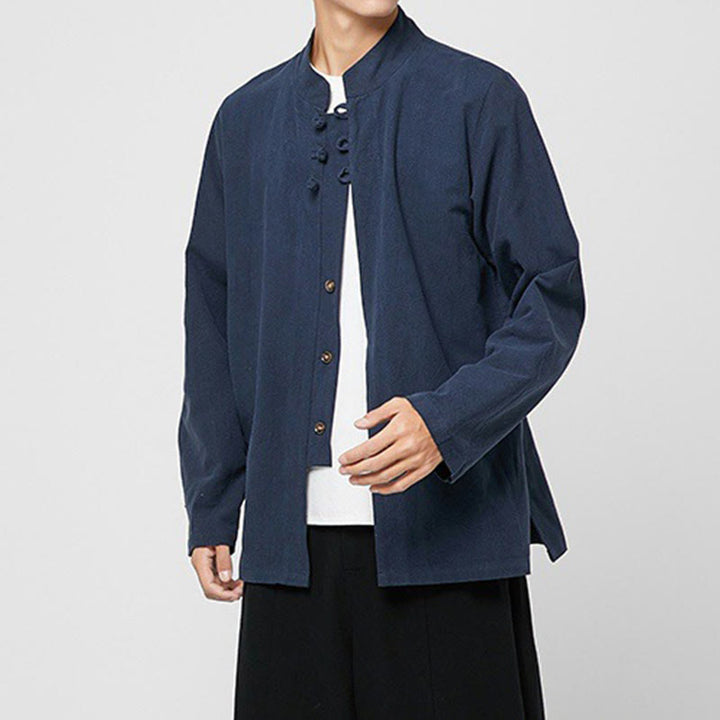 Chemise de costume Tang chinoise à manches longues en coton pour homme, avec boutons en forme de grenouille et fente latérale, motif Buddha Stones - image 15