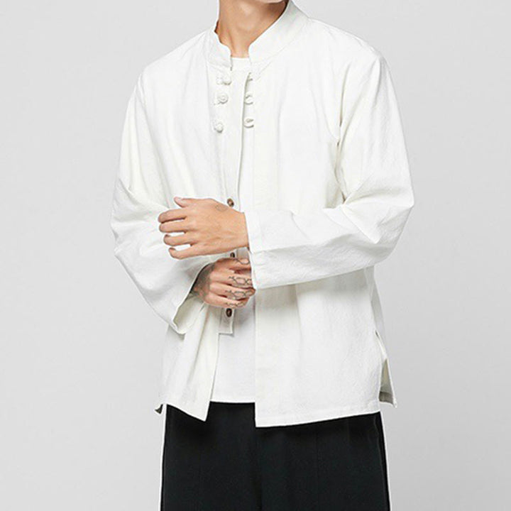 Chemise de costume Tang chinoise à manches longues en coton pour homme, avec boutons en forme de grenouille et fente latérale, motif Buddha Stones - image 23