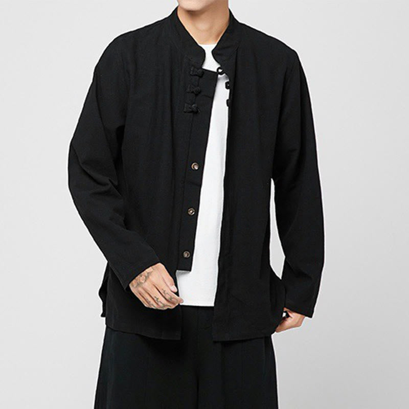 Chemise de costume Tang chinoise à manches longues en coton pour homme, avec boutons en forme de grenouille et fente latérale, motif Buddha Stones - image 8